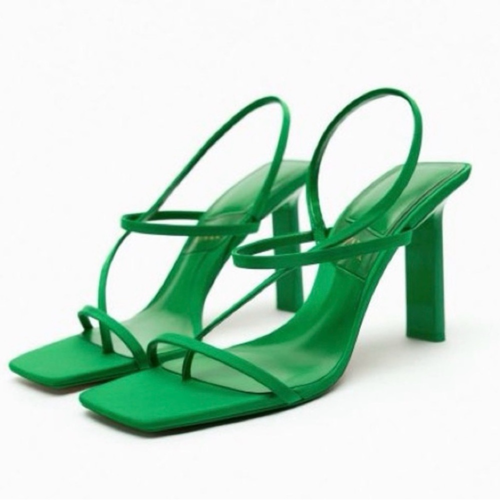 Zara Green Strappy Square-Toe Heeled Sandals